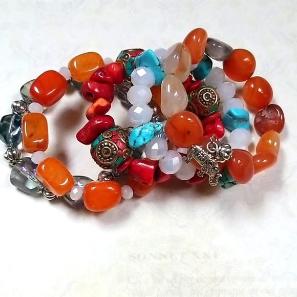 Hand Crafted Boho Beaded Agate, Coral, Turquoise and Amber Wrap Bracelet - Picture 15 of 16